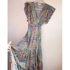 Paani Bohemian Floral Wrap Tiered Maxi Dress Colorful Small